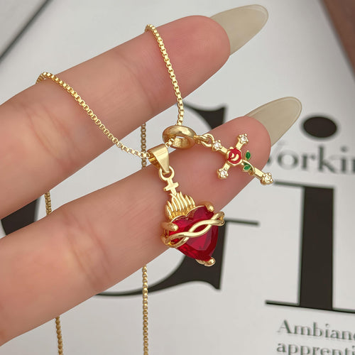 New Heart-shaped Rose Cross Multi-pendant Necklace
