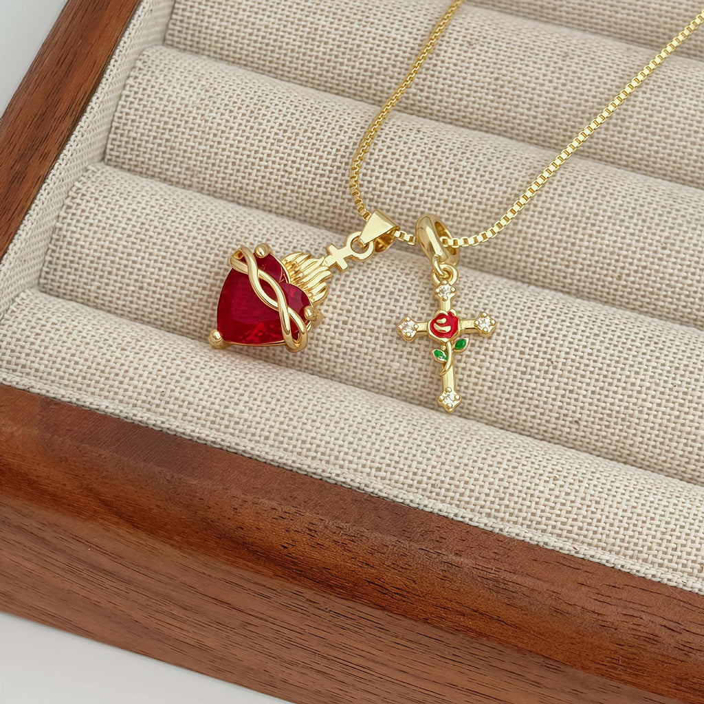 New Heart-shaped Rose Cross Multi-pendant Necklace