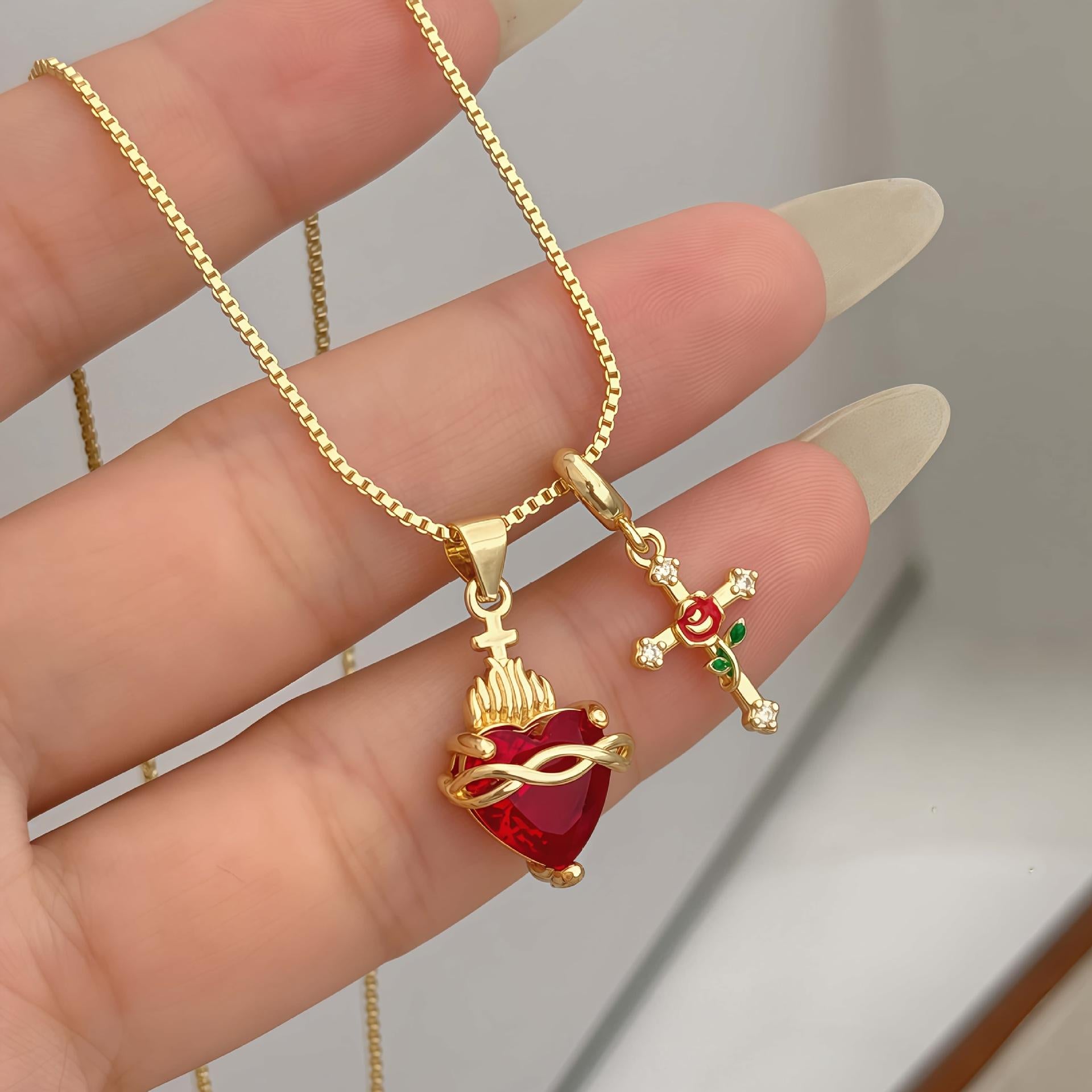 New Heart-shaped Rose Cross Multi-pendant Necklace